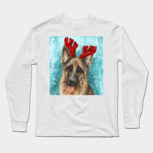 Painting of a German Shepherd With Red Reindeer Antlers Long Sleeve T-Shirt